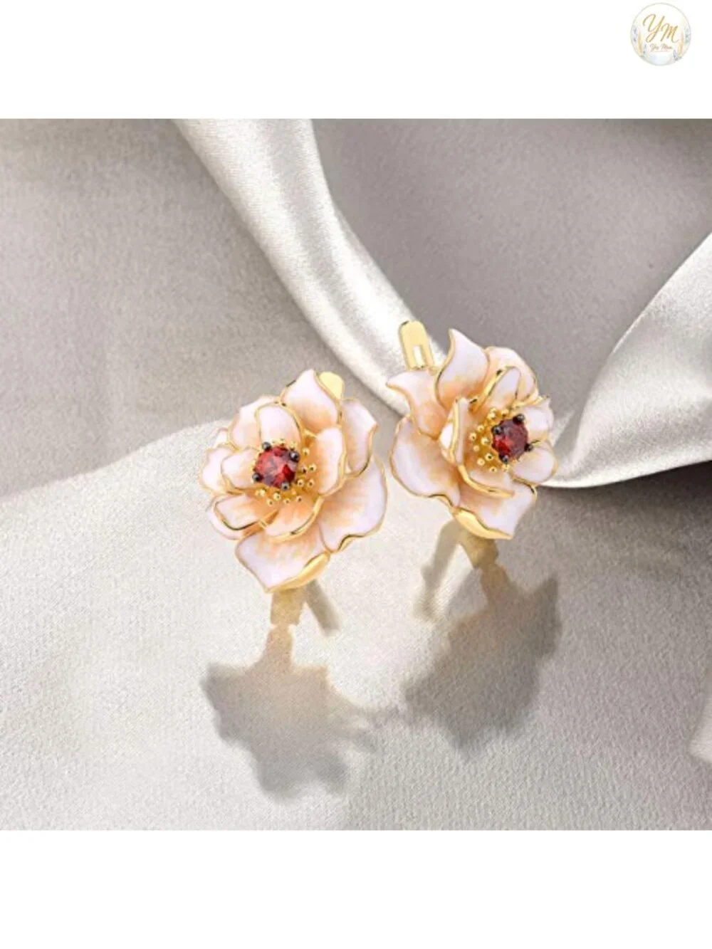 925 Sterling Silver Enamel Flower Drop Earrings Garnet